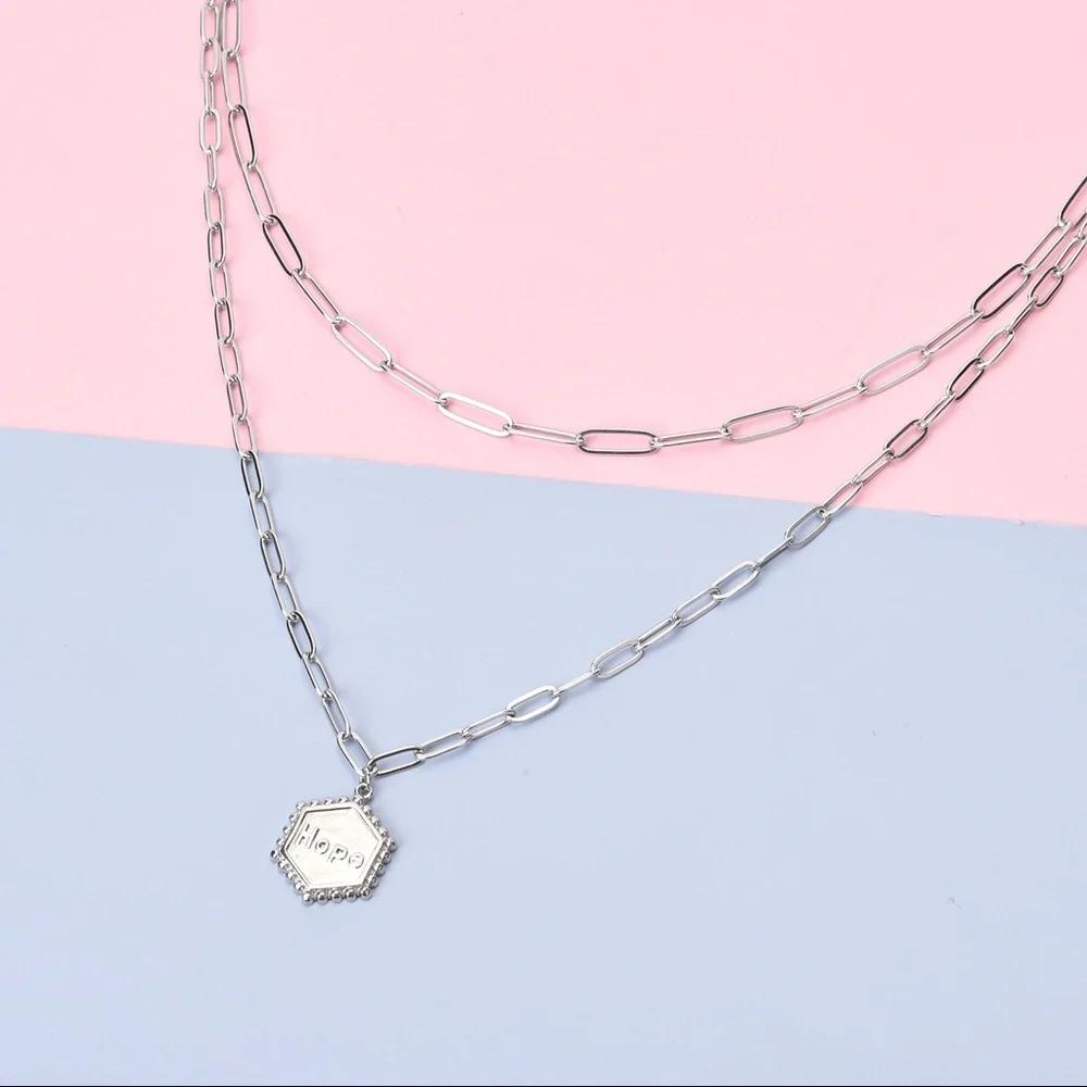 Paper Clip Stainless Steel Necklace with Hope Charm